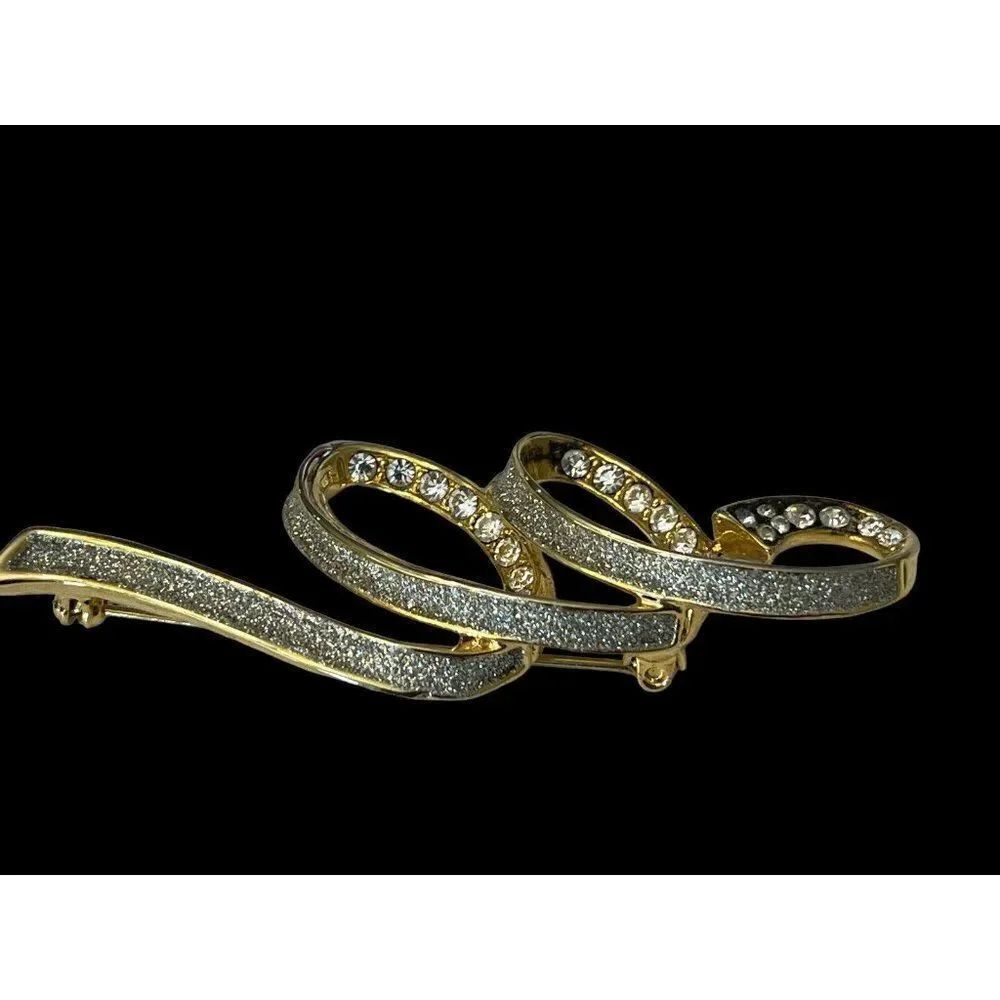Gold Ribbon Bow Brooch Clear Rhinestones Pin Pave Vintage Statement Piece